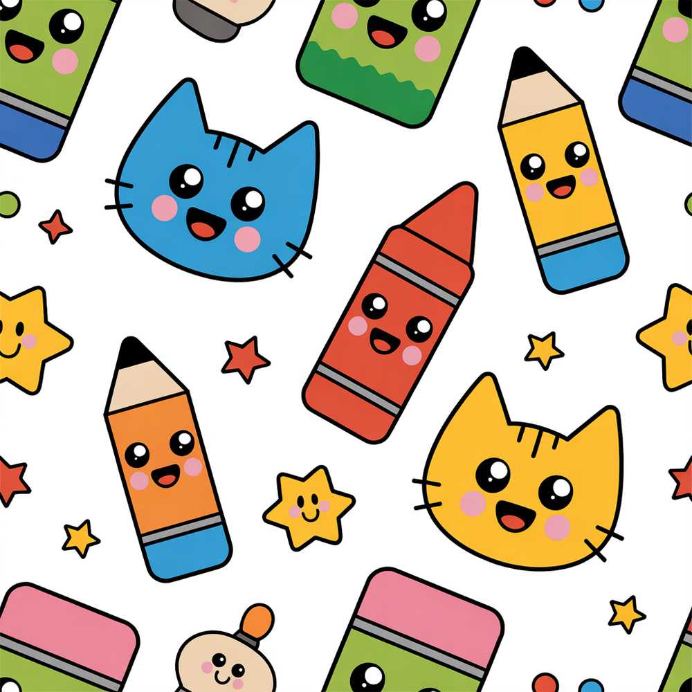 Cute Kawaii Cats Crayons and Pencils Fun School
