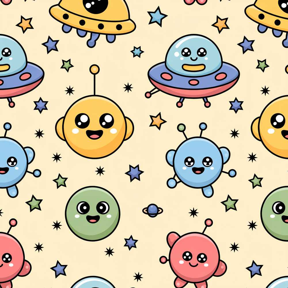 Cute Cartoon UFO Aliens Galaxy Stars Space Cosmic