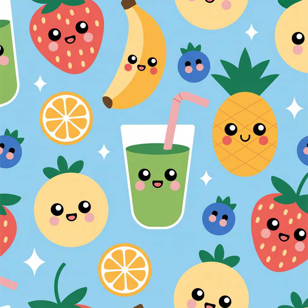 Cute Kawaii Fruits Smoothie Banana Strawberry Pineapple Illustration
