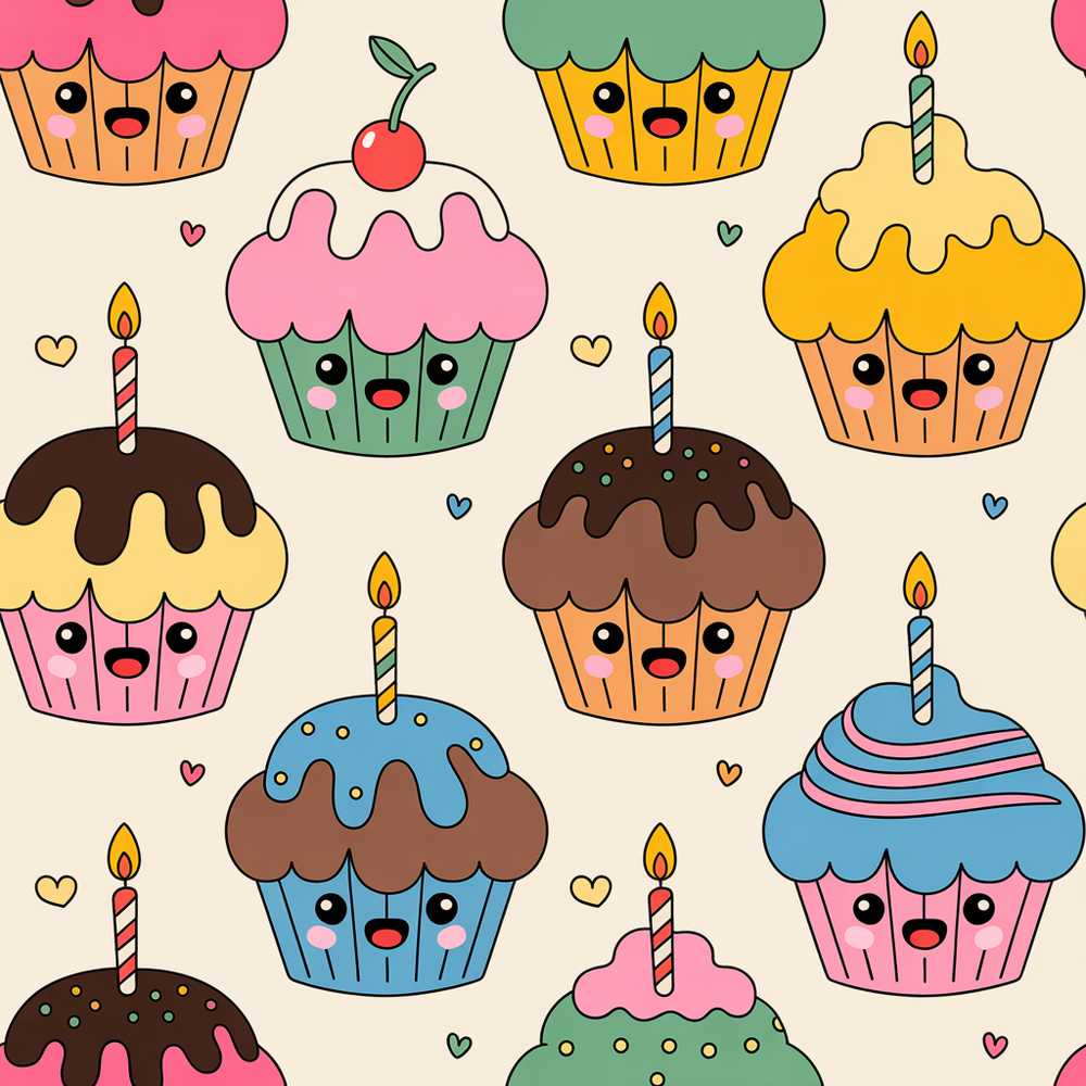 Cute Birthday Cupcakes Candles Sweet Treats Decorative Repeat