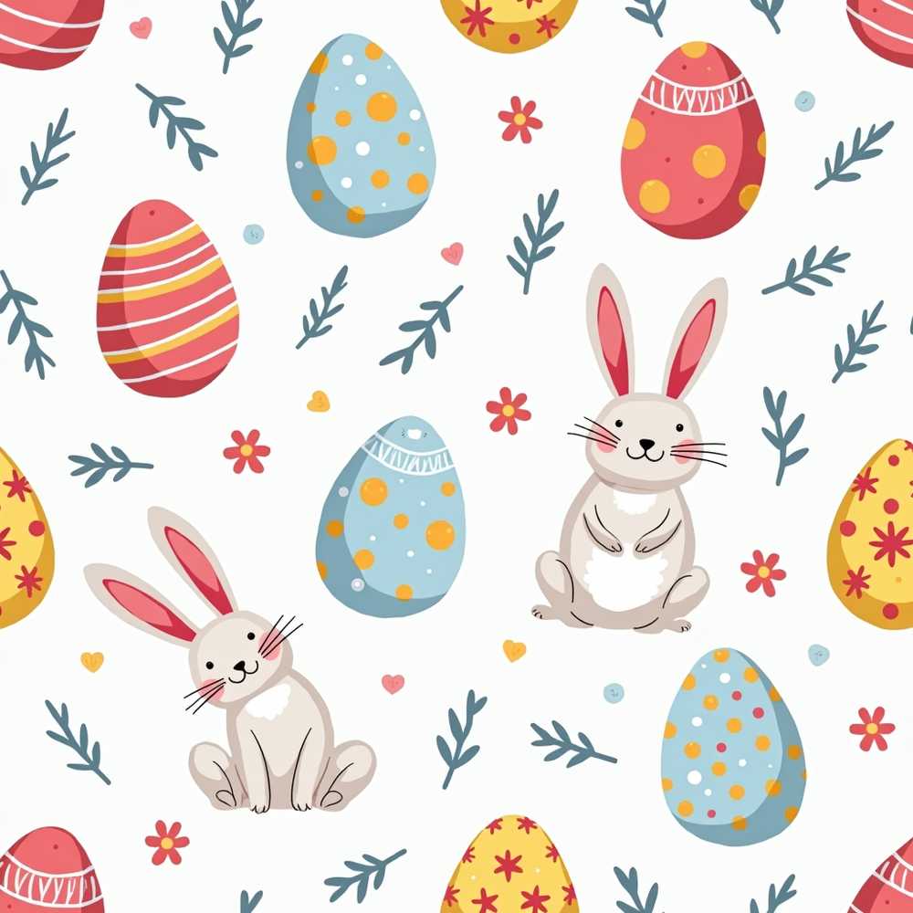 Cute Easter Bunnies Eggs Spring Floral Wildflower Pattern Botanical