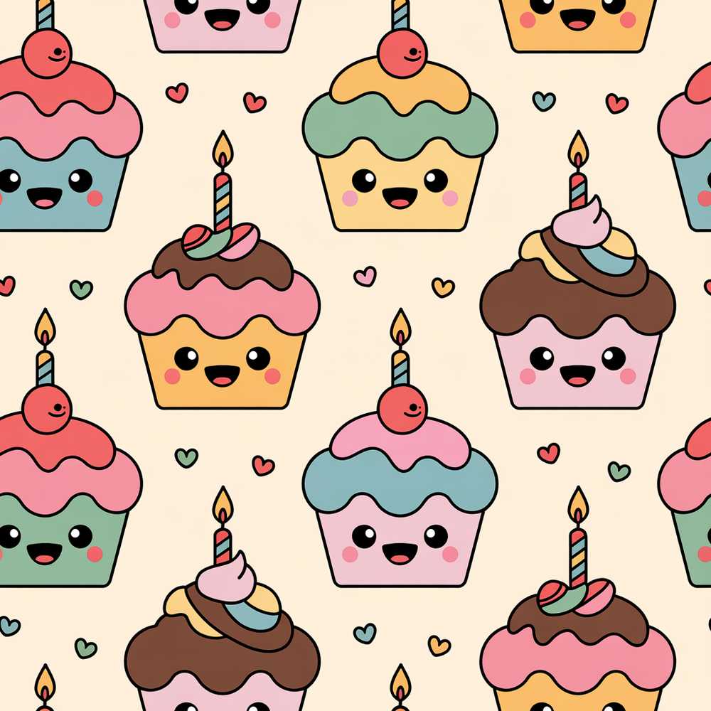 Cute Kawaii Birthday Cupcakes Hearts Candle Sprinkles Pastel