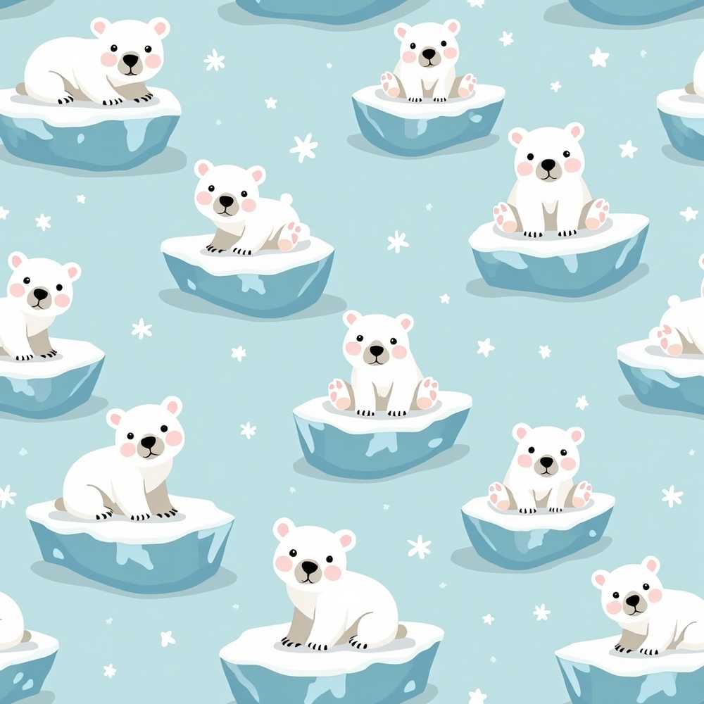 Cute Polar Bear Cubs Floating Ice Winter Snowflakes