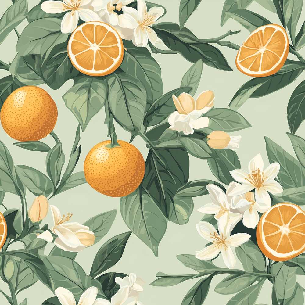 Orange Citrus Fruit Blossom Botanical Wildflower Pattern