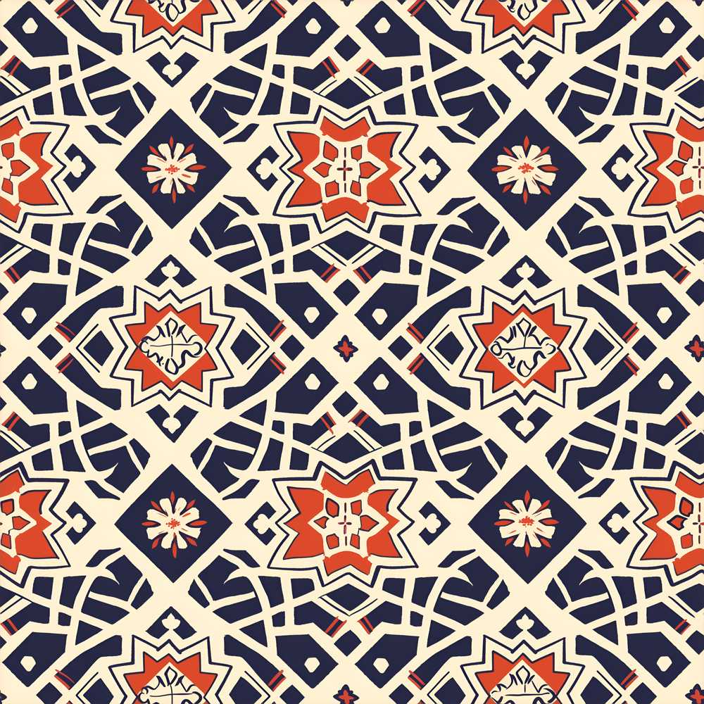 Navy Red Geometric Star Tile Mediterranean Repeat Pattern