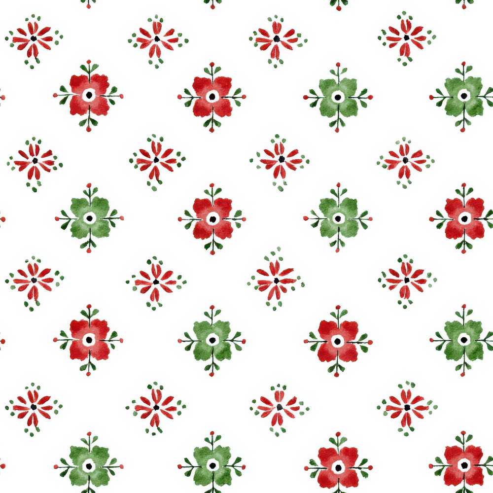 Watercolor Scandinavian Folk Floral Red Green Wildflower Pattern Botanical