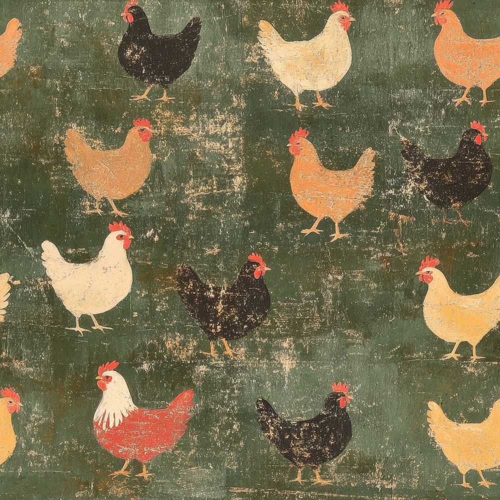 Rustic Chicken Hen Farmyard on Distressed Green Background