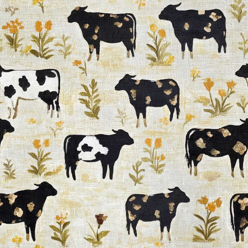 Rustic Cow Silhouette with Floral Meadow Wildflower Pattern Botanical