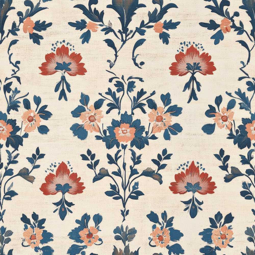 Traditional Blue Red Floral Folk Art Wildflower Pattern Botanical