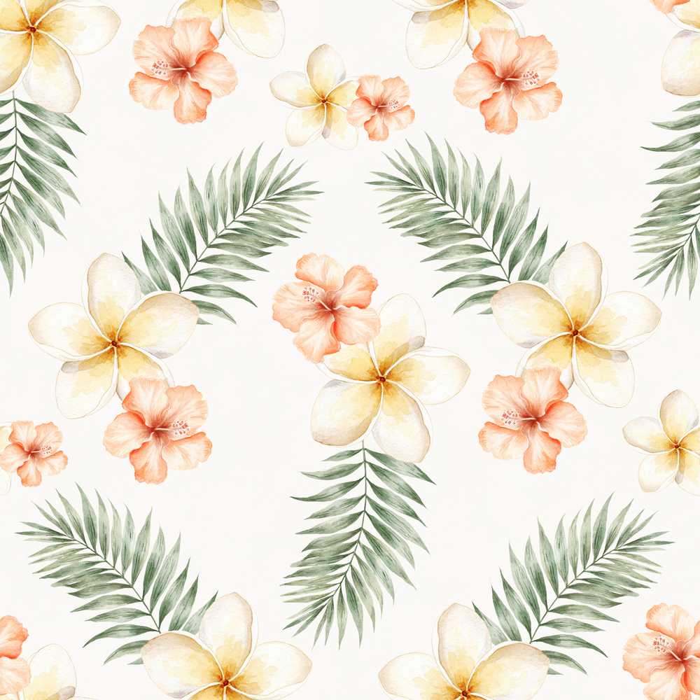 Tropical Hibiscus and Frangipani Floral with Palm Leaves Wildflower