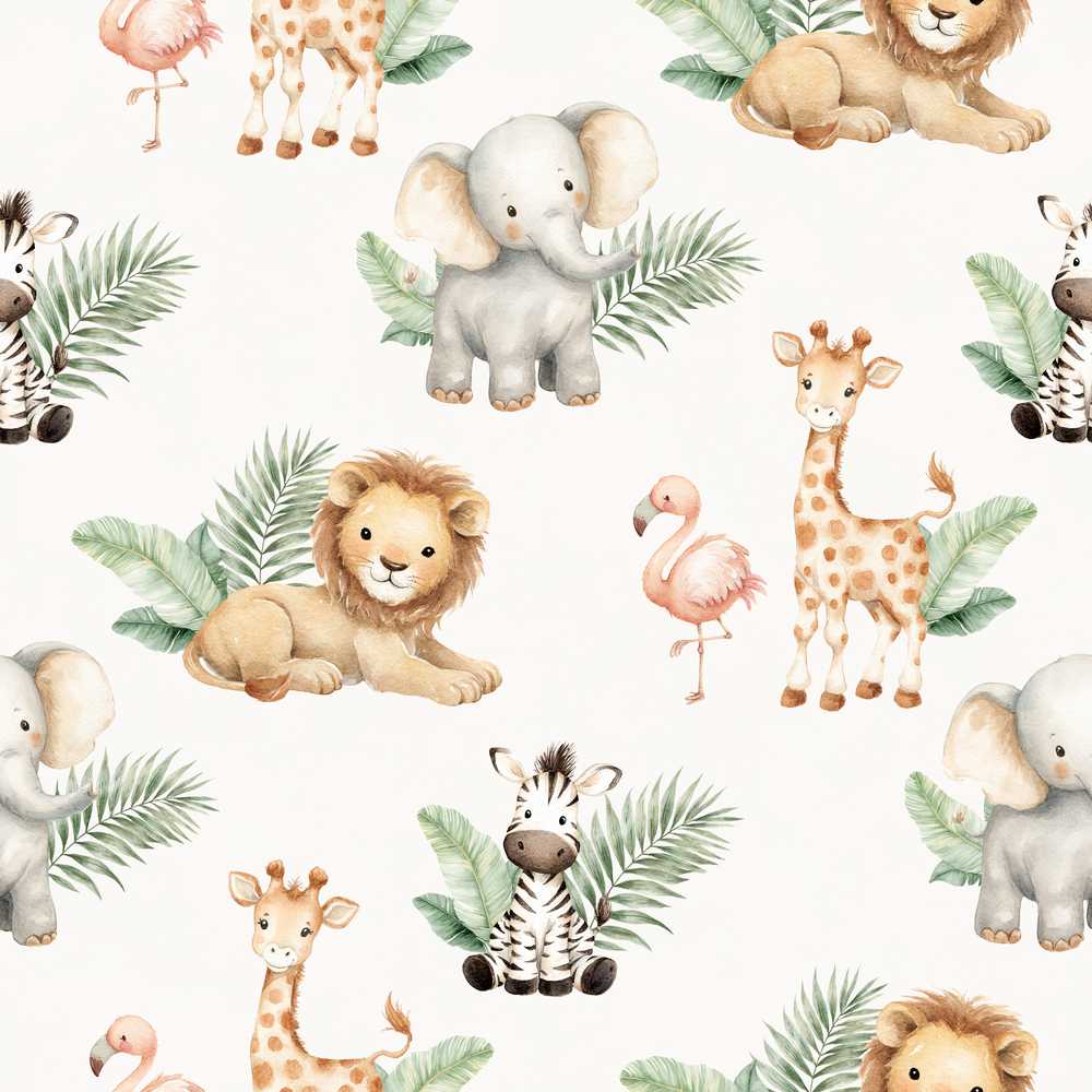 Cute Safari Jungle Animals Lion Elephant Giraffe Zebra Seamless