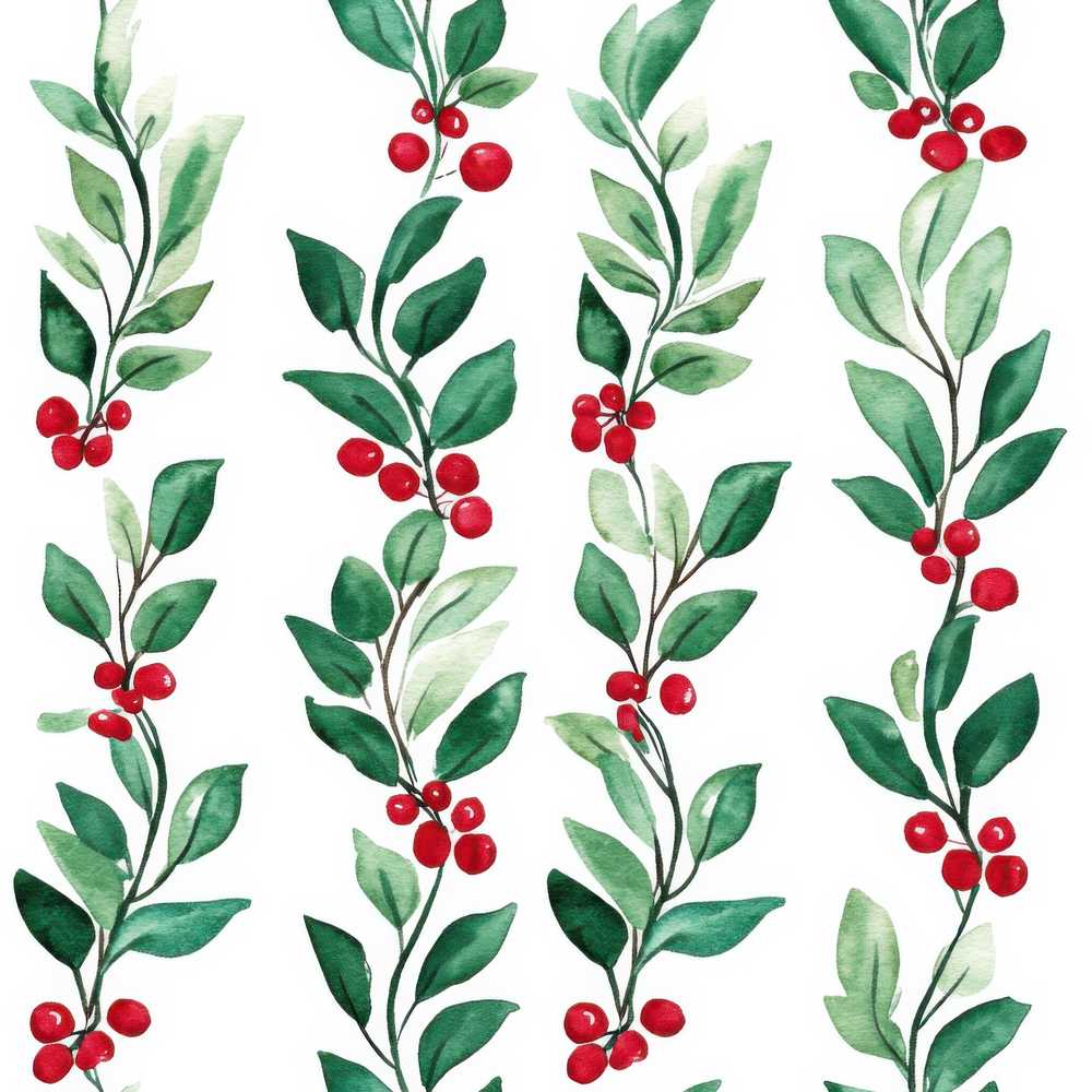 Watercolor Green Leaves and Red Berry Branches Elegant Christmas
