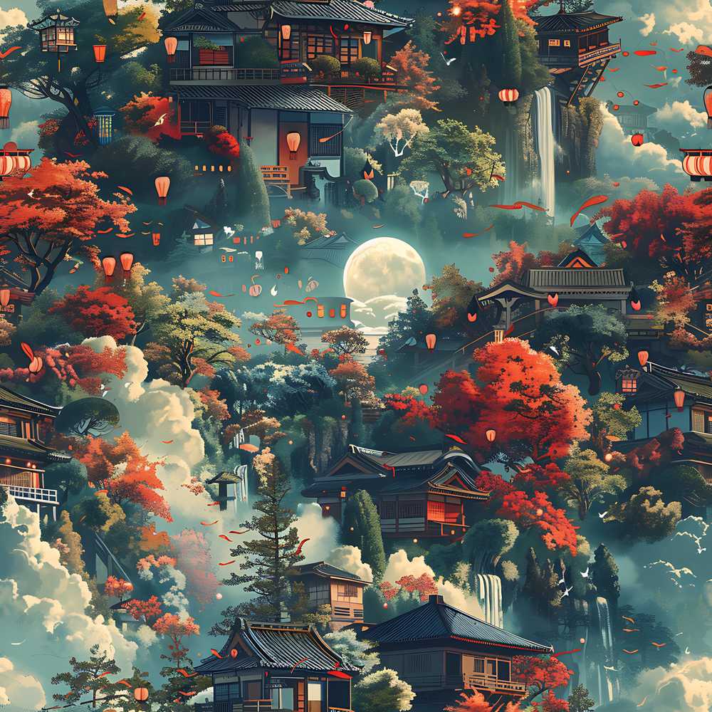 Japanese Autumn Village Landscape with Moon and Lanterns Scenic Art