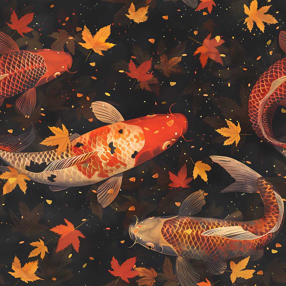 Dark Autumn Pond Koi Fish and Falling Maple Leaves Rich