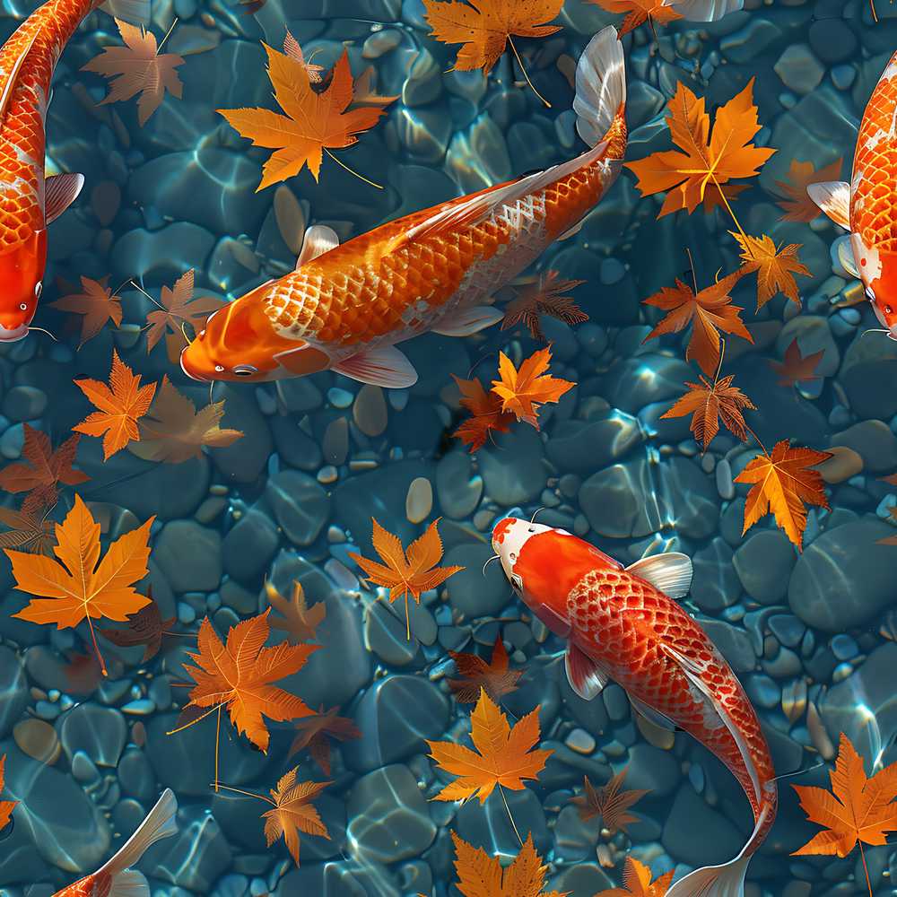 Koi Fish in Clear Blue Water with Autumn Leaves Nature