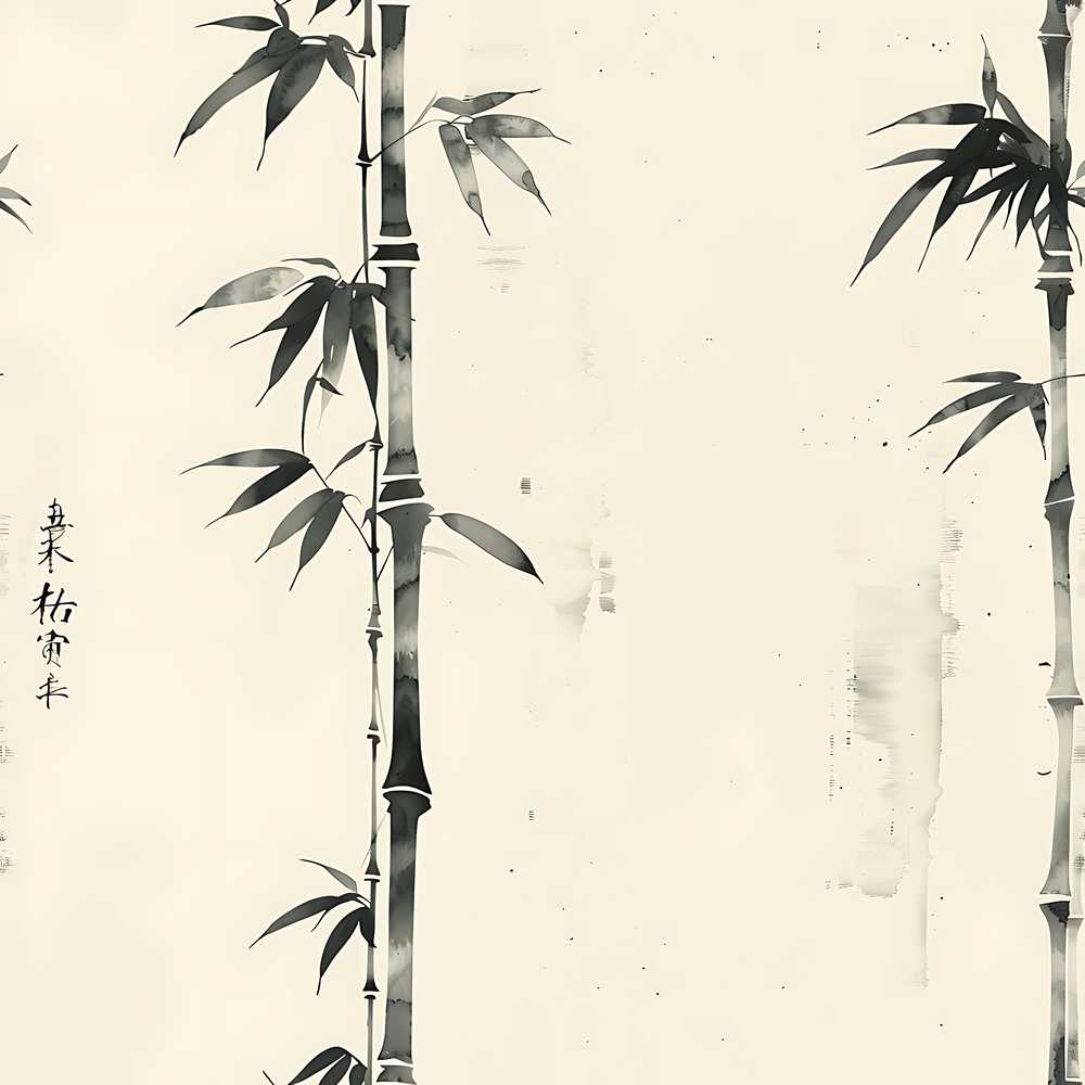 Traditional Ink Bamboo Branch on Textured Beige Background Art Style
