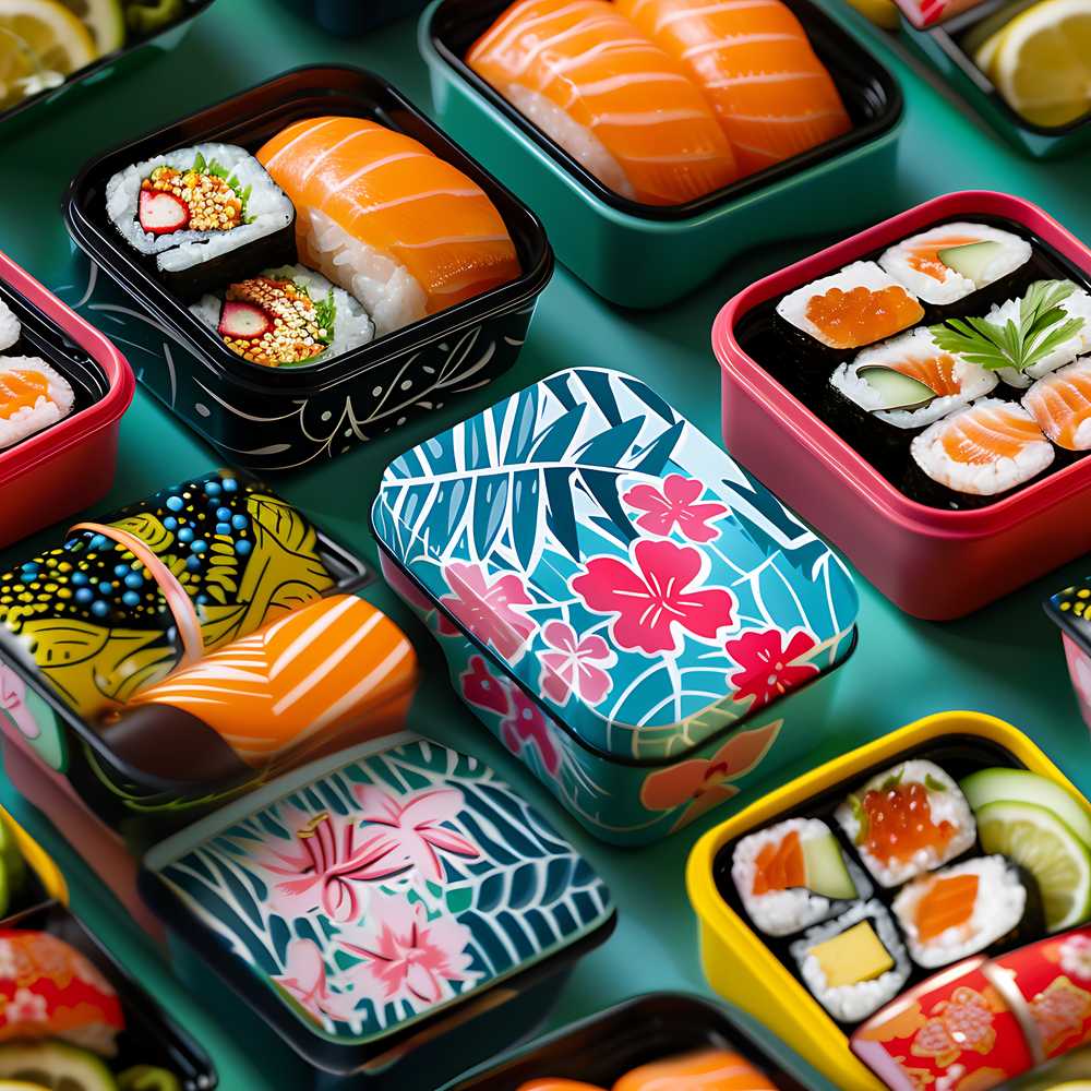 Colorful Sushi Bento Boxes with Salmon and Rolls Food Theme