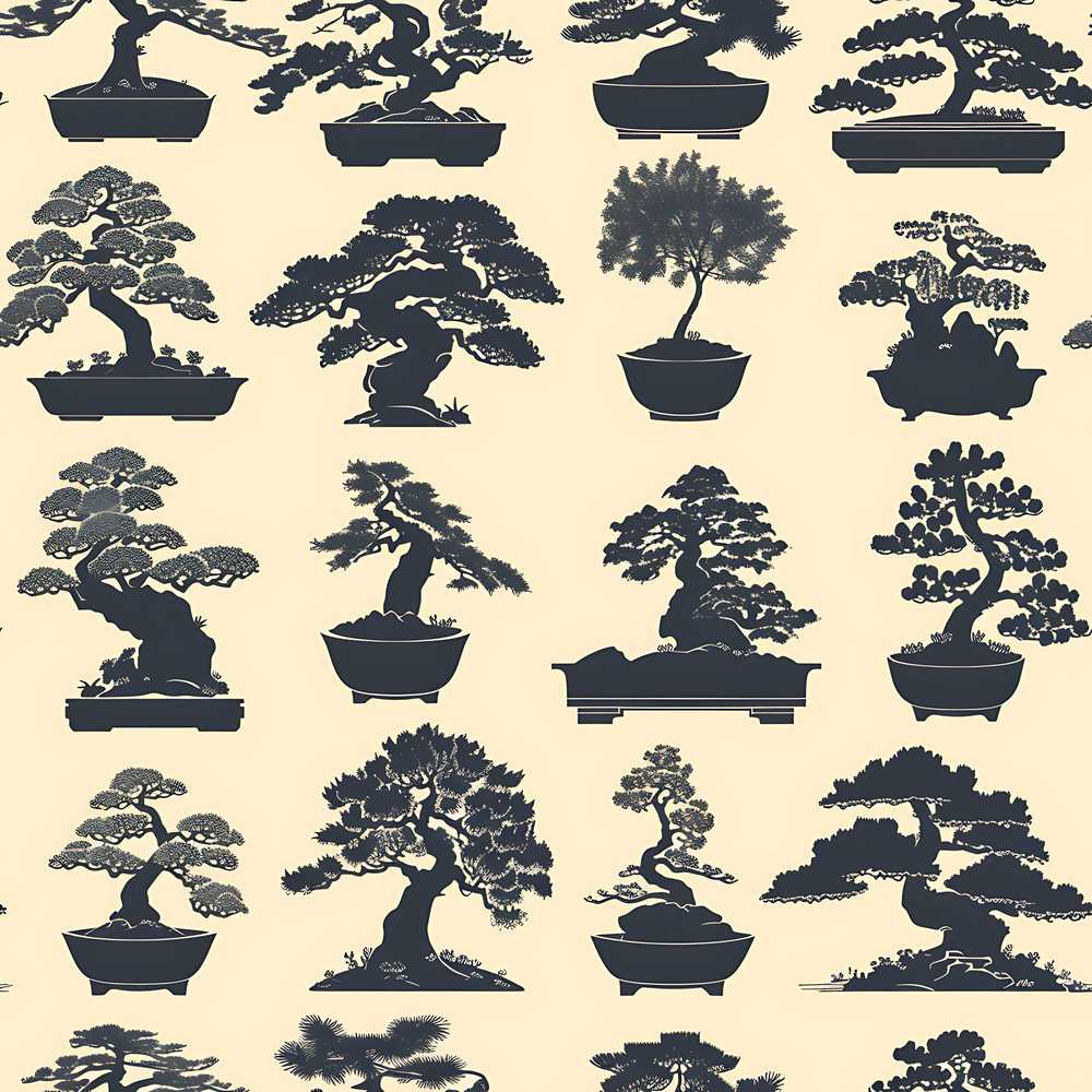 Japanese Bonsai Tree Silhouettes in Pots on Beige Background