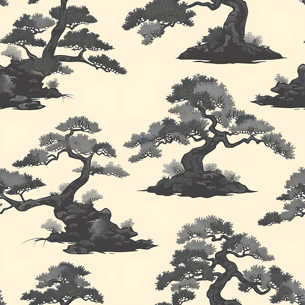 Elegant Bonsai Trees on Neutral Background Asian Botanical Art