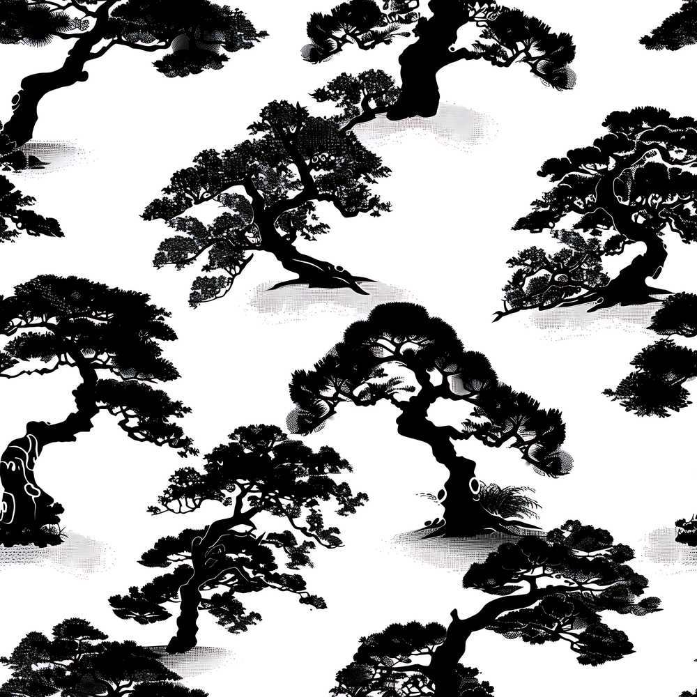 Bold Black Bonsai Tree Silhouettes on Light Background