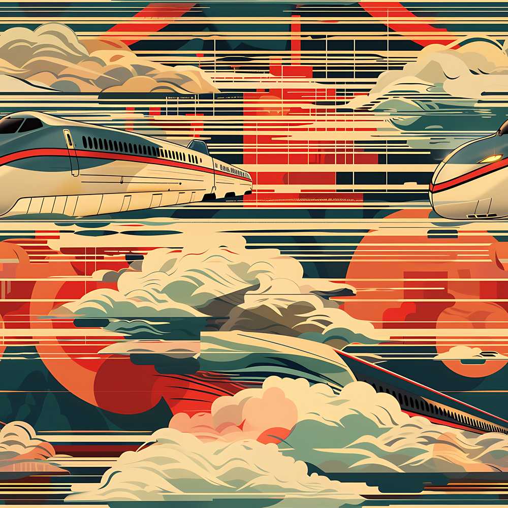 Modern High Speed Train with Rising Sun and Clouds Japanese