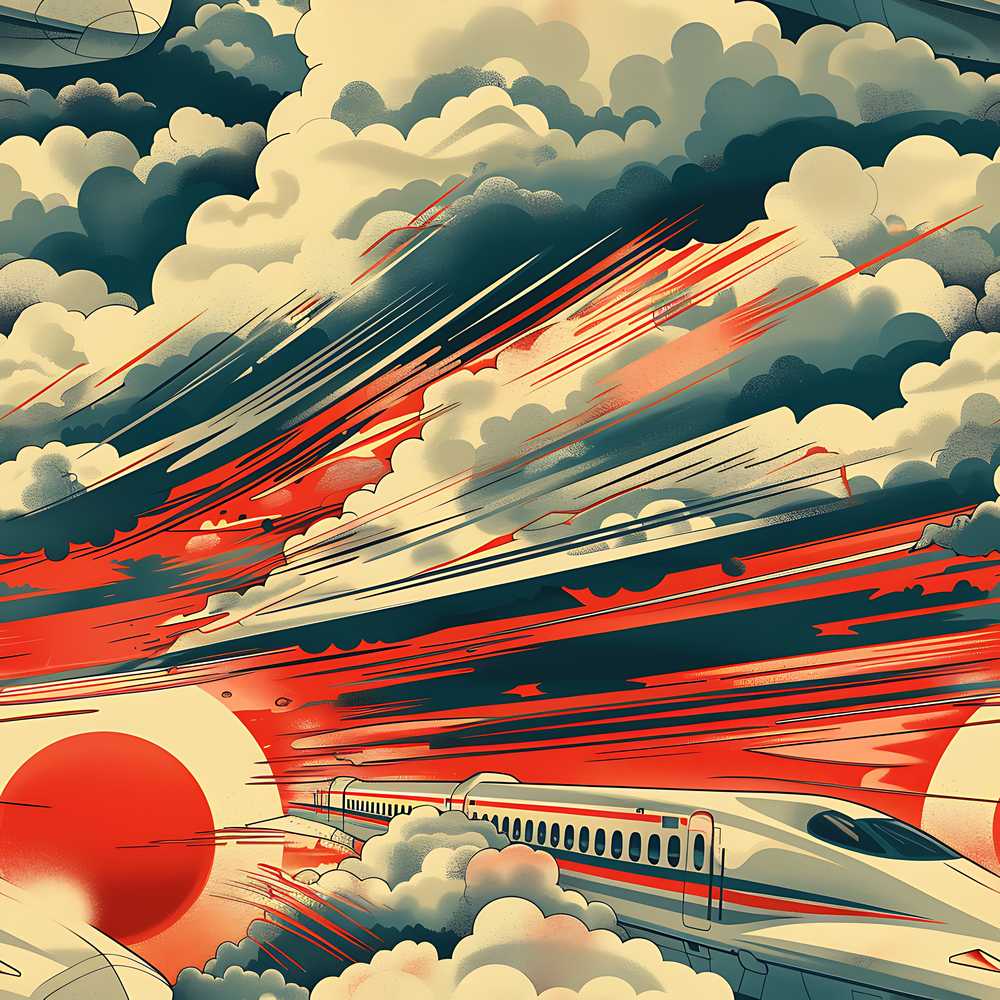 Stylized Fast Train Through Dramatic Sky with Clouds Scenic Travel