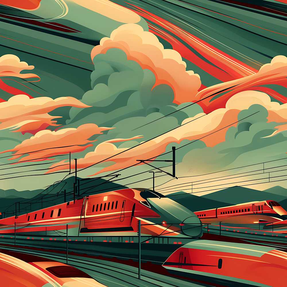 High Speed Train Landscape with Power Lines and Sunset Sky