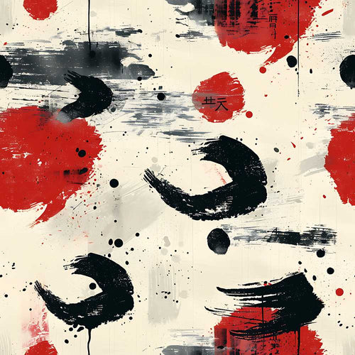 Abstract Japanese Ink Brush Strokes with Red Sun Accents Modern