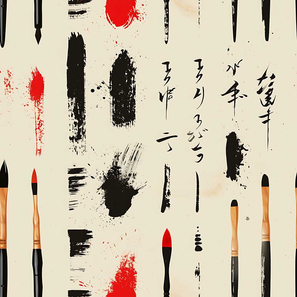 Traditional Japanese Calligraphy Tools and Brush Strokes Layout