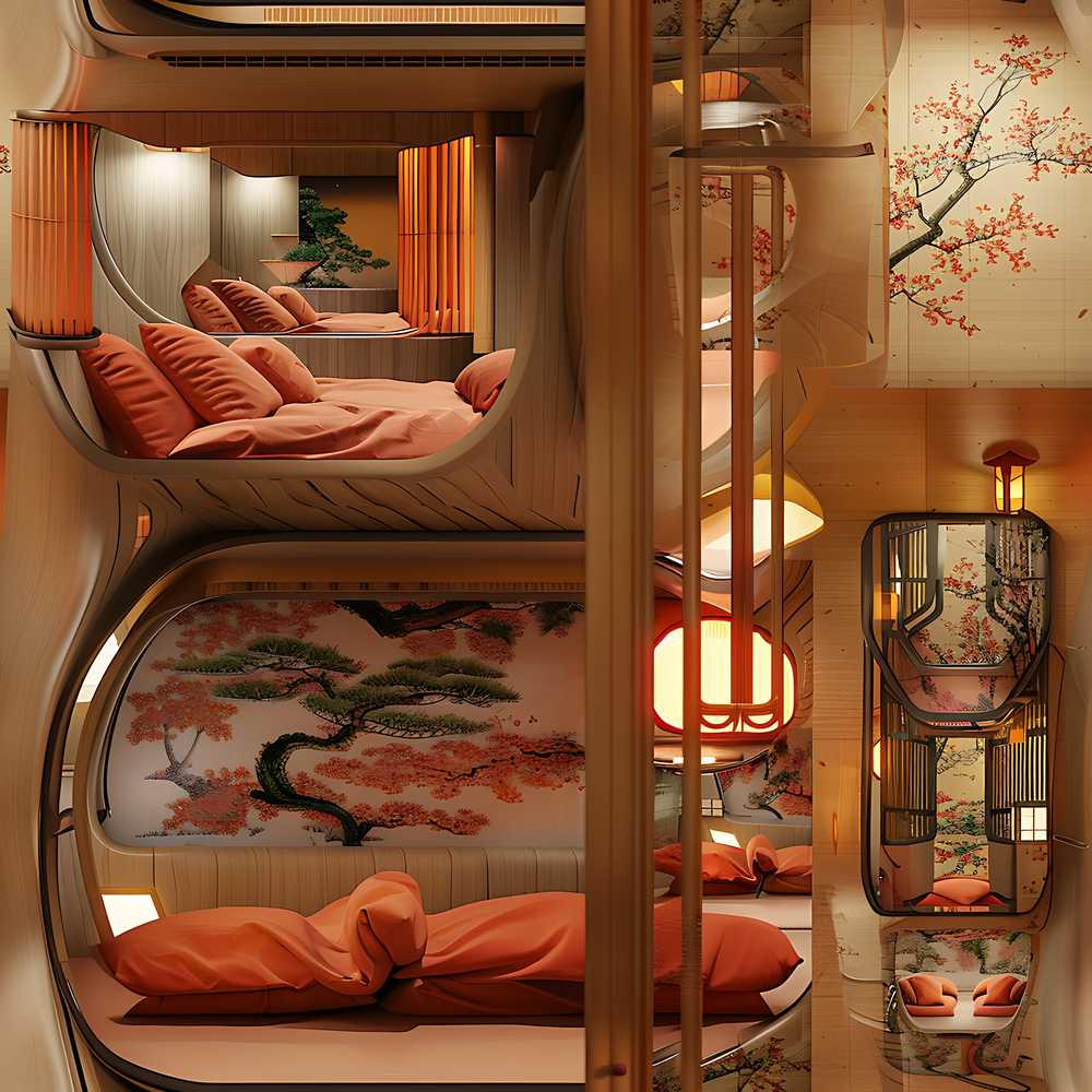 Japanese Capsule Bedroom Interior with Warm Lighting Modern Living Space