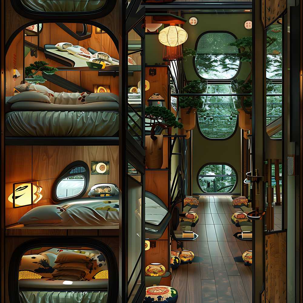 Modern Japanese Capsule Hotel Interior with Wooden Details Compact Living