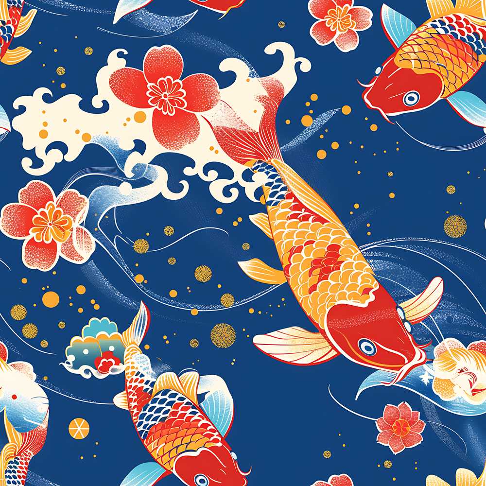 Elegant Japanese Koi Fish with Cherry Blossom Waves Traditional Asian