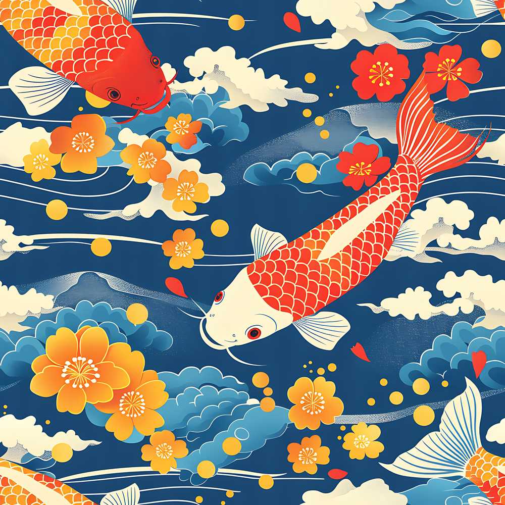 Colorful Koi Fish with Floral Cloud and Flowing Water Japanese