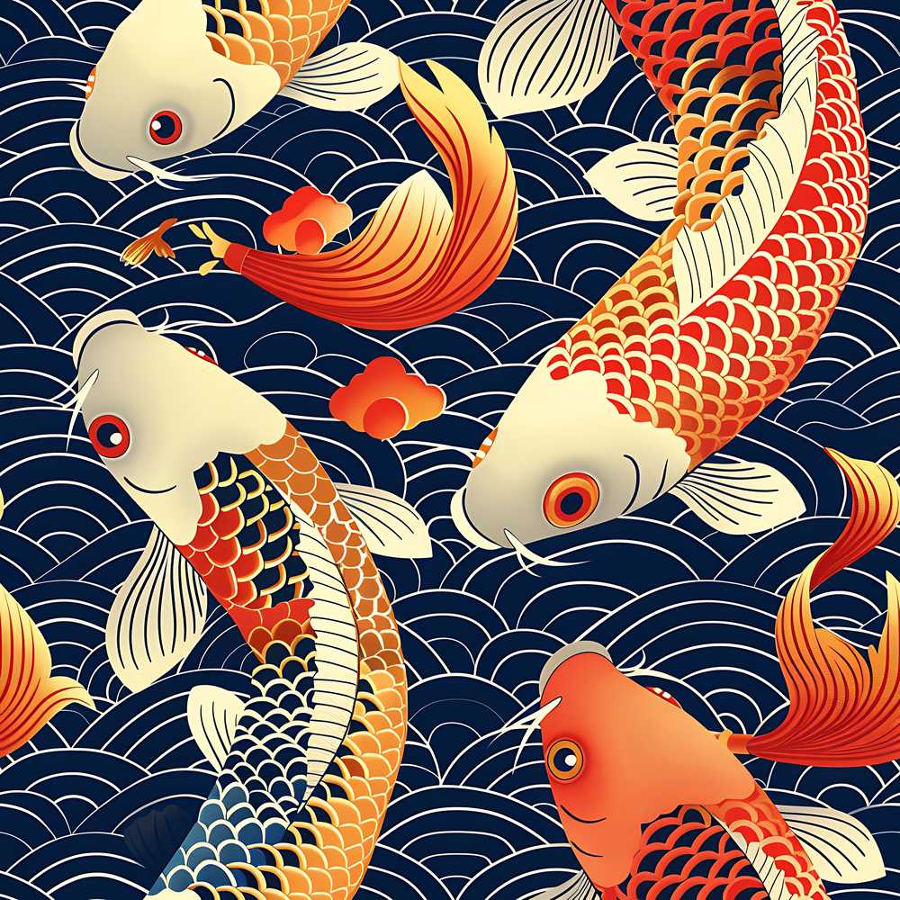 Decorative Koi Fish with Geometric Wave Background Asian Style Textile