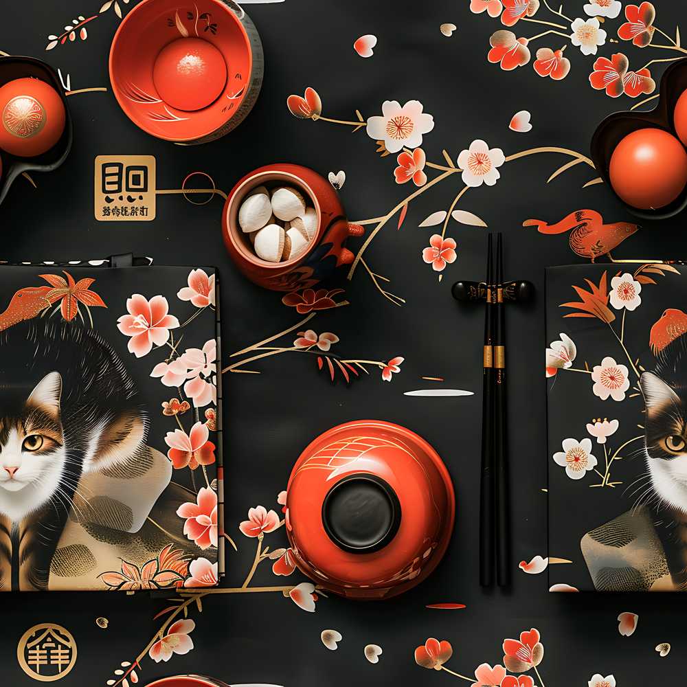 Japanese Dining Table with Cherry Blossoms and Traditional Tableware Elegant