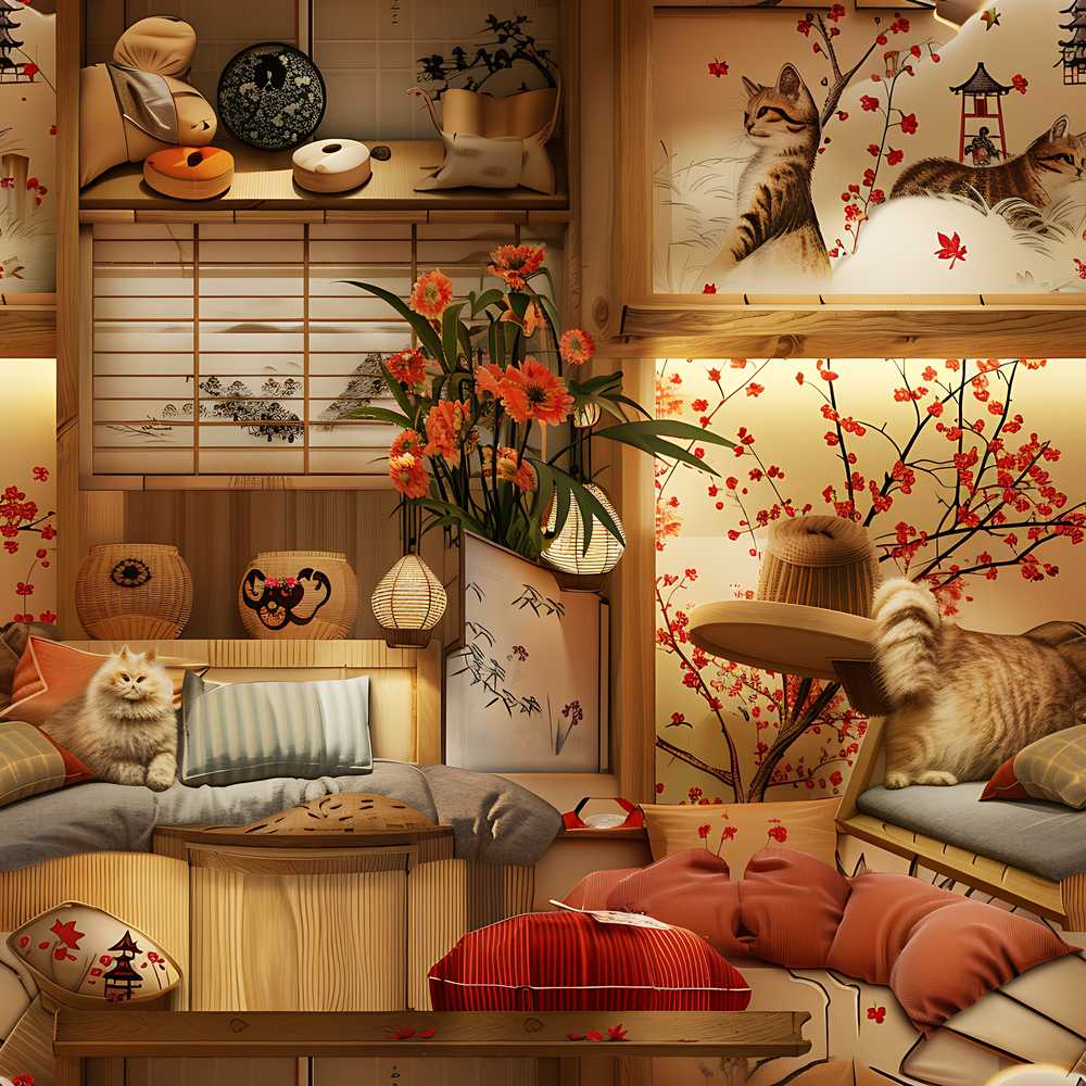 Cozy Japanese Interior with Cats and Cherry Blossoms Warm Home