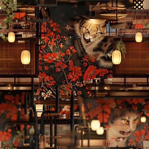 Artistic Cat with Red Flowers in Japanese Style Interior Textile