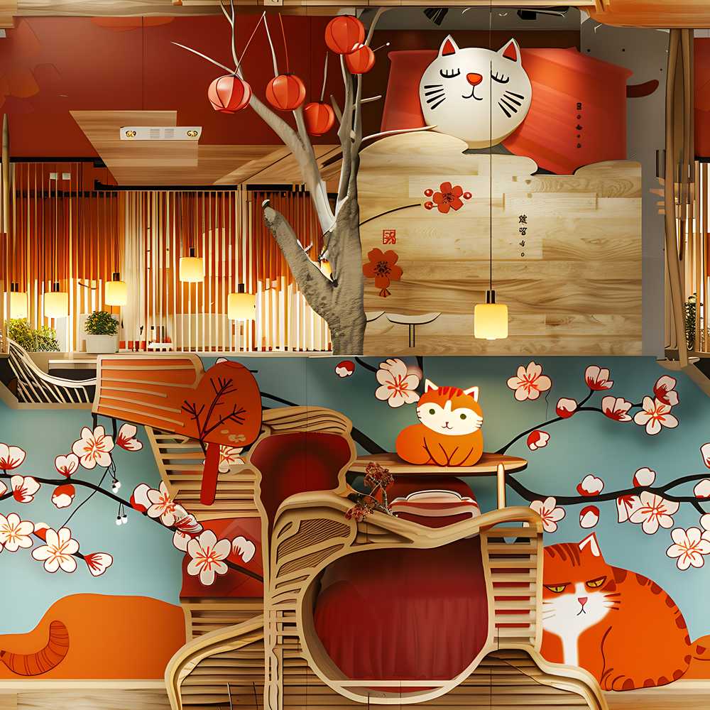 Cute Cartoon Cats with Cherry Blossoms and Lantern Decor Playful
