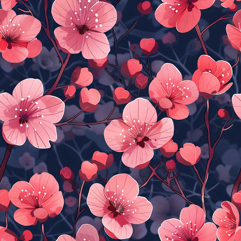Stylized Cherry Blossom Flowers with Heart Buds Modern Romantic Floral