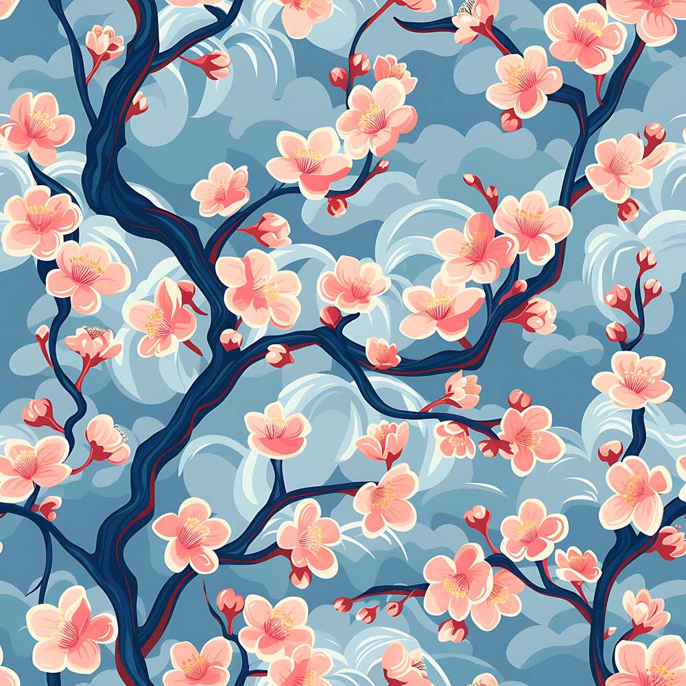 Japanese Cherry Blossom Tree Branches with Cloud Background Artistic Floral