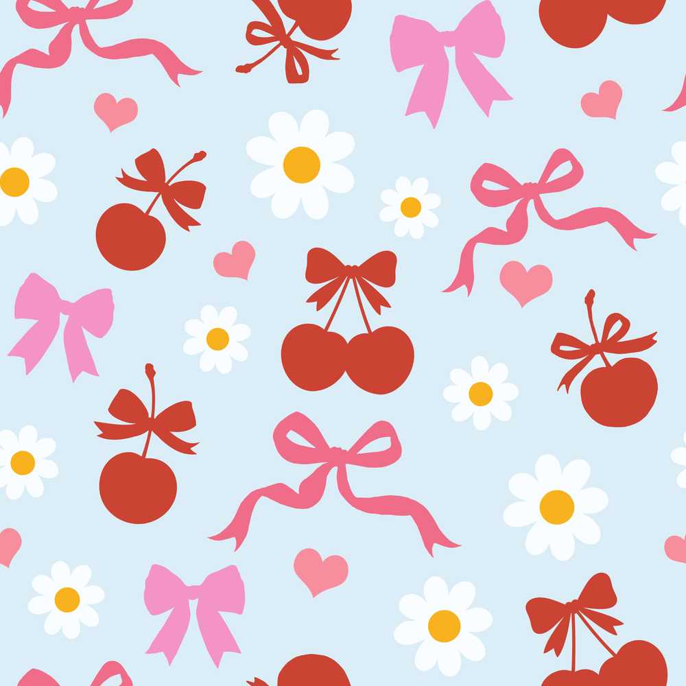 Cute Cherry and Bow Motif with Daisy Flowers Playful Girly