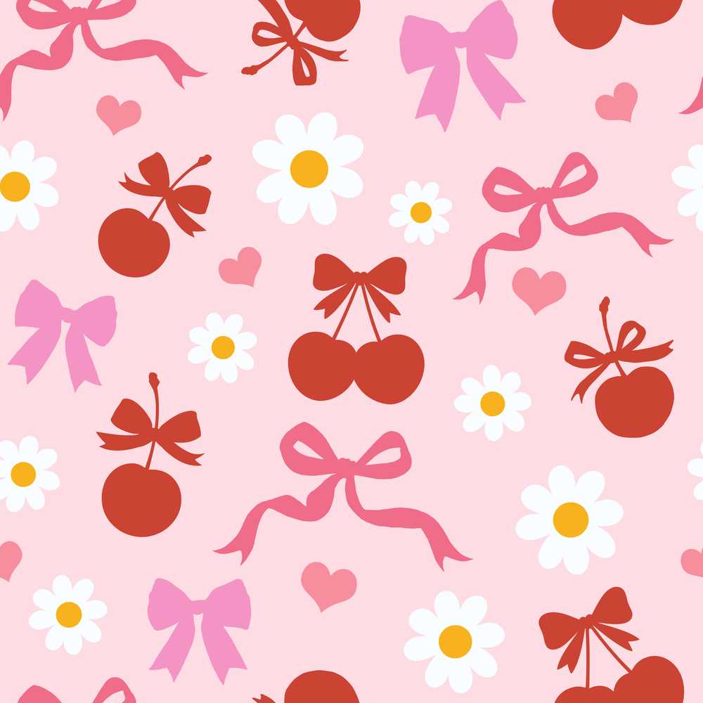 Pastel Cherry and Ribbon with Small Flowers Soft Cute Textile