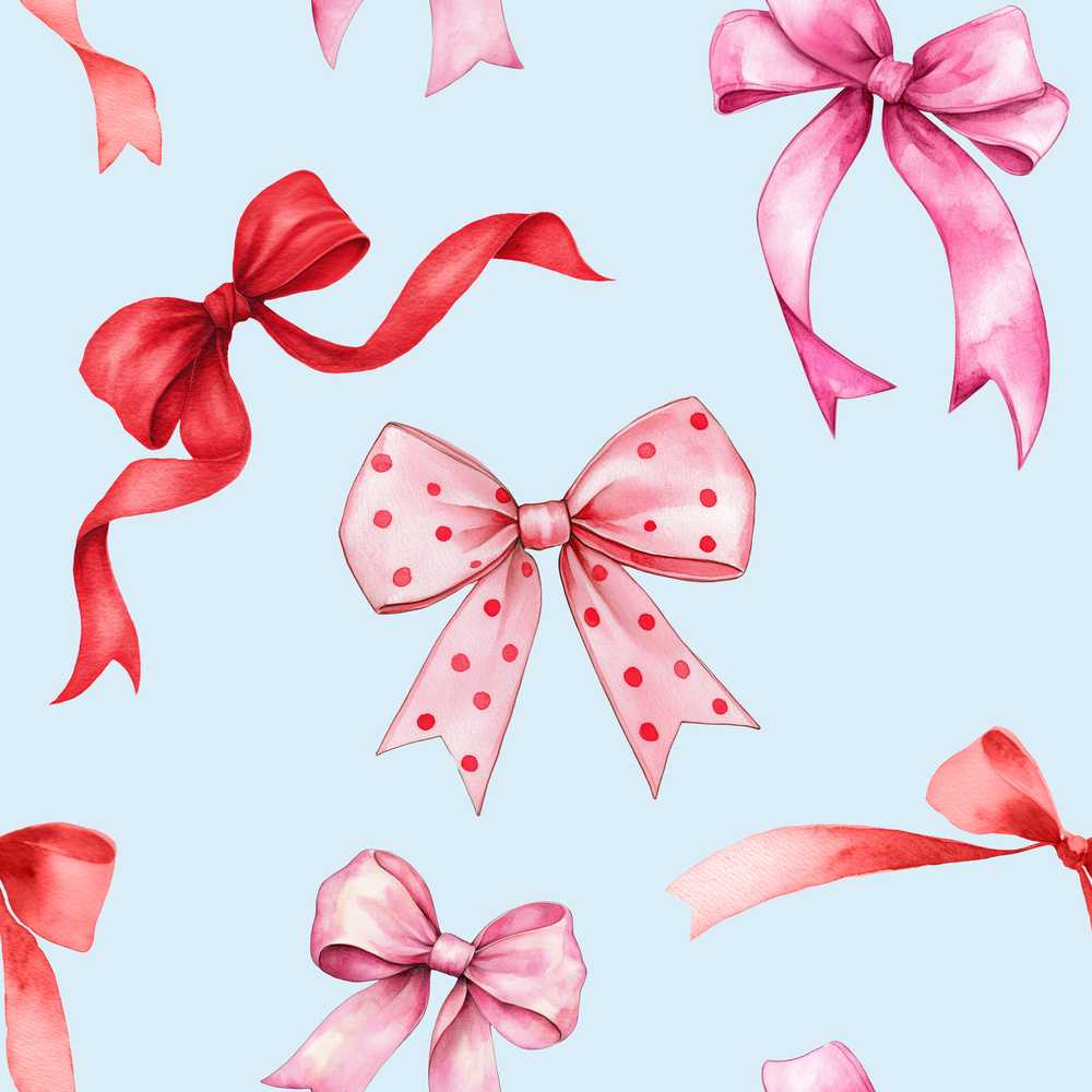 Watercolor Red and Pink Ribbon Bows Soft Blue Cute Girly