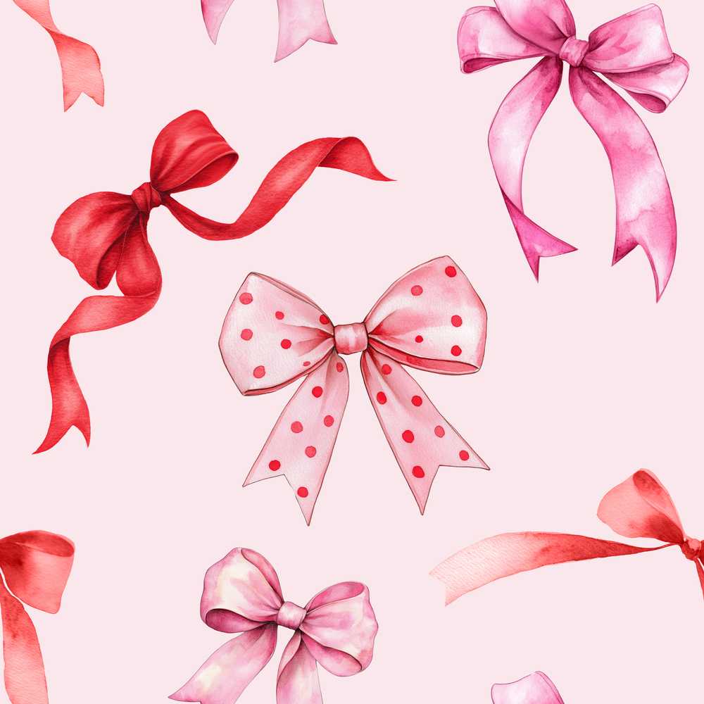 Watercolor Red and Pink Ribbon Bows Soft Beige Cute Girly