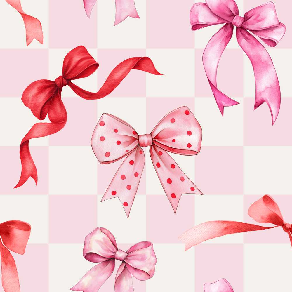 Watercolor Red and Pink Ribbon Bows Pink Gingham Check Background
