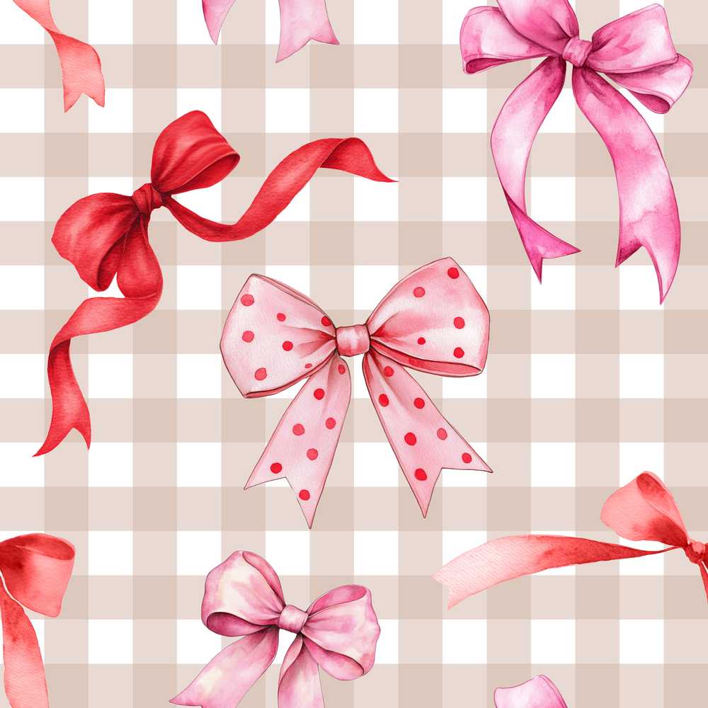 Watercolor Red and Pink Ribbon Bows Beige Gingham Check Cute