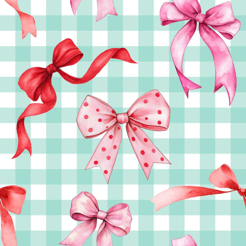 Watercolor Red and Pink Ribbon Bows Mint Gingham Check Cute
