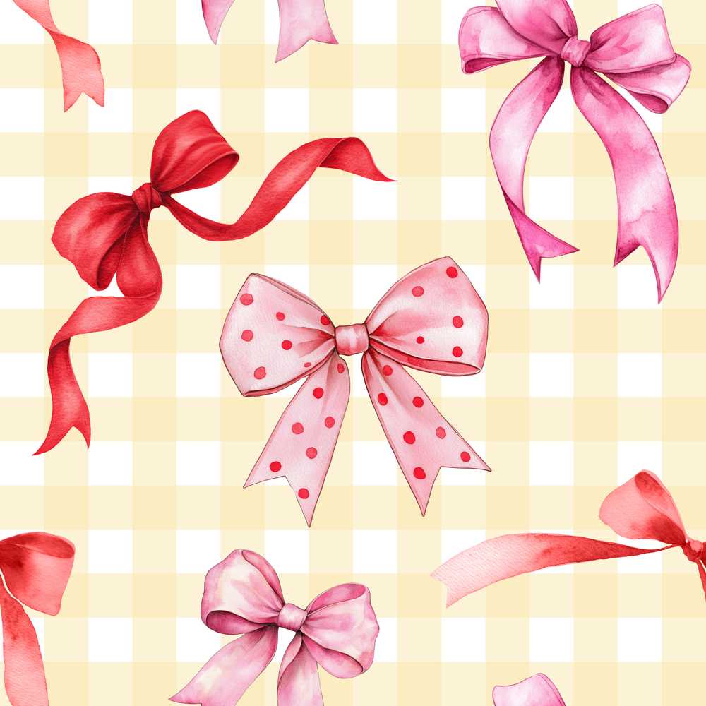 Watercolor Red Pink Ribbon Bows Yellow Gingham Background Cute Girly