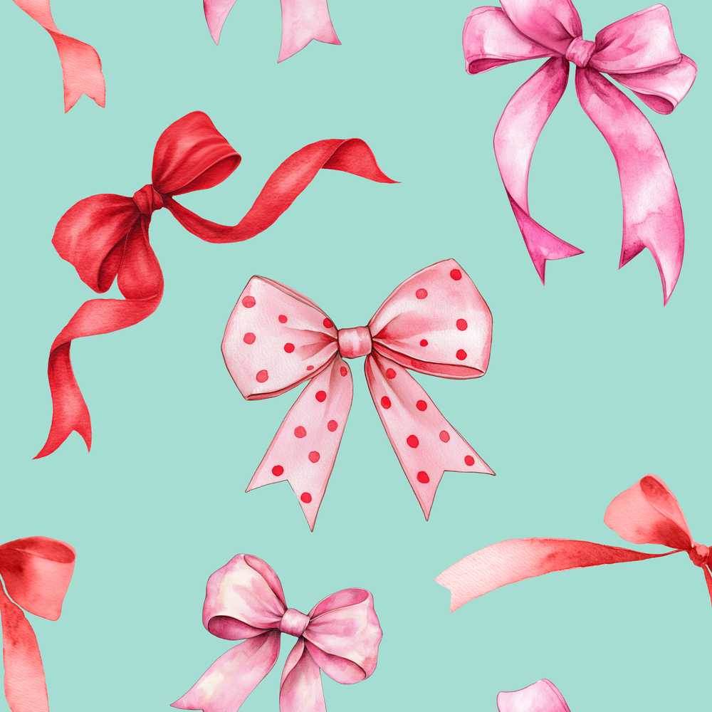 Watercolor Red Pink Ribbon Bows Mint Green Background Cute Girly