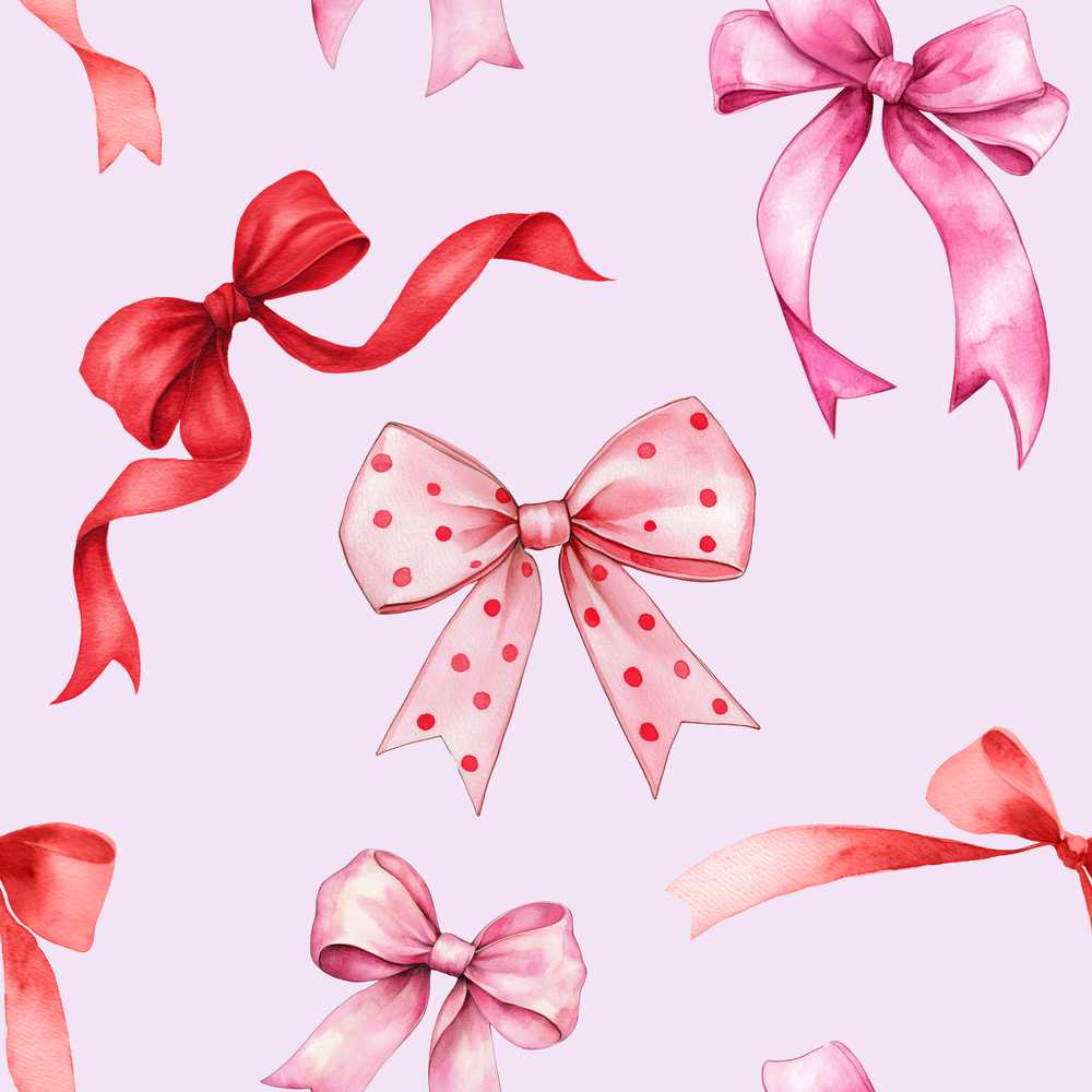 Watercolor Red Pink Ribbon Bows Soft Lilac Background Cute Girly